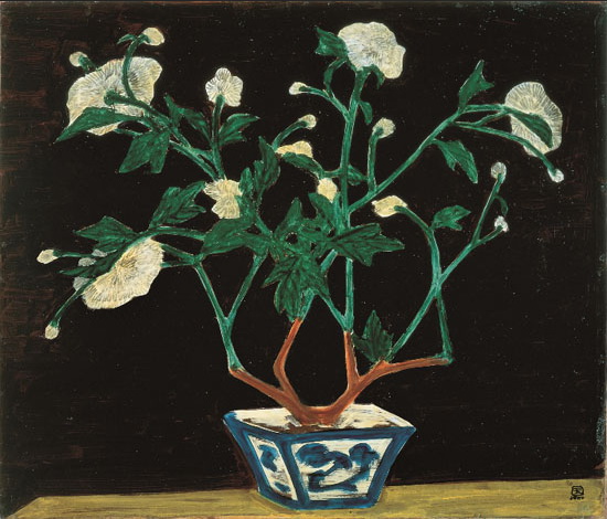 青花盆与菊