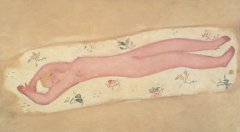 碎花毯上的粉红裸女