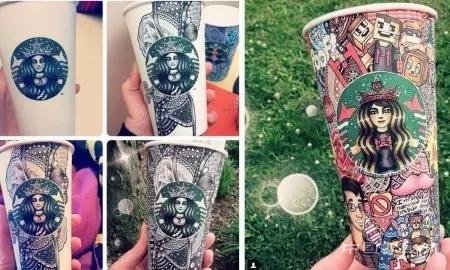 19岁妹子在星巴克纸杯上画出了花