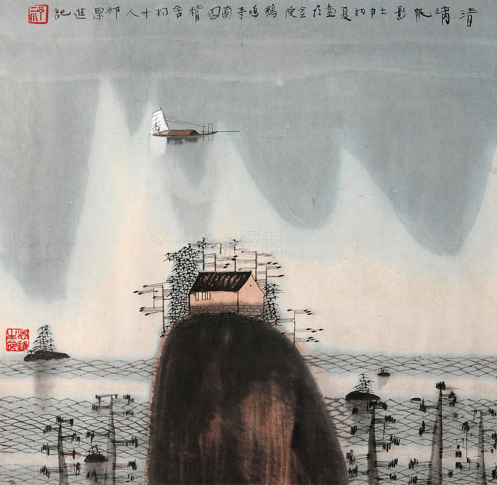 清漓帆影 立轴 设色纸本