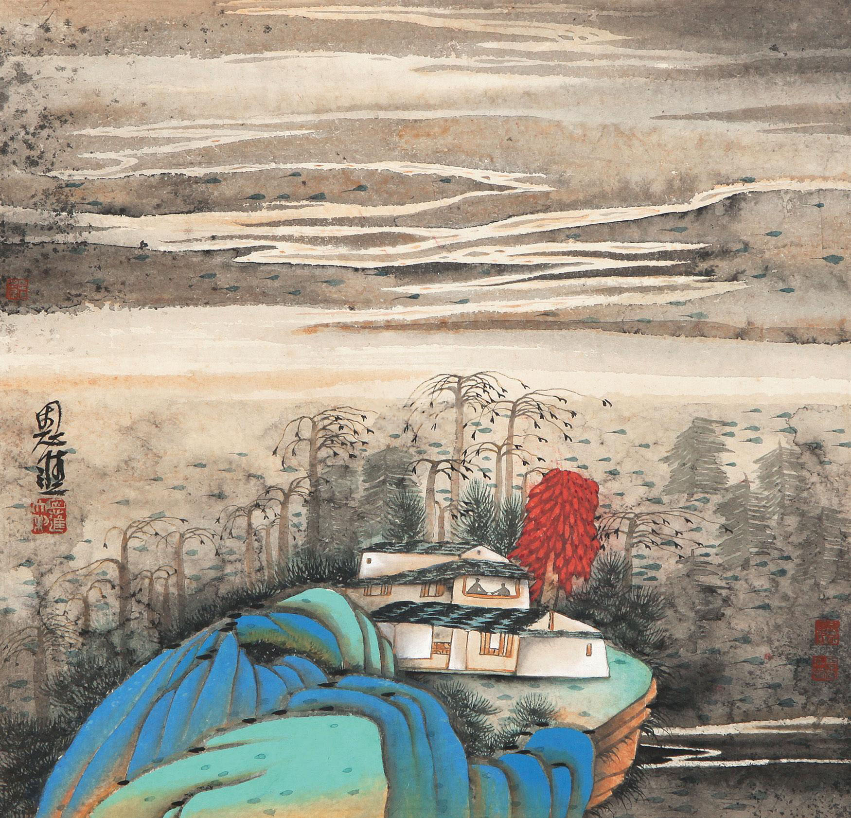 山水 镜心 设色纸