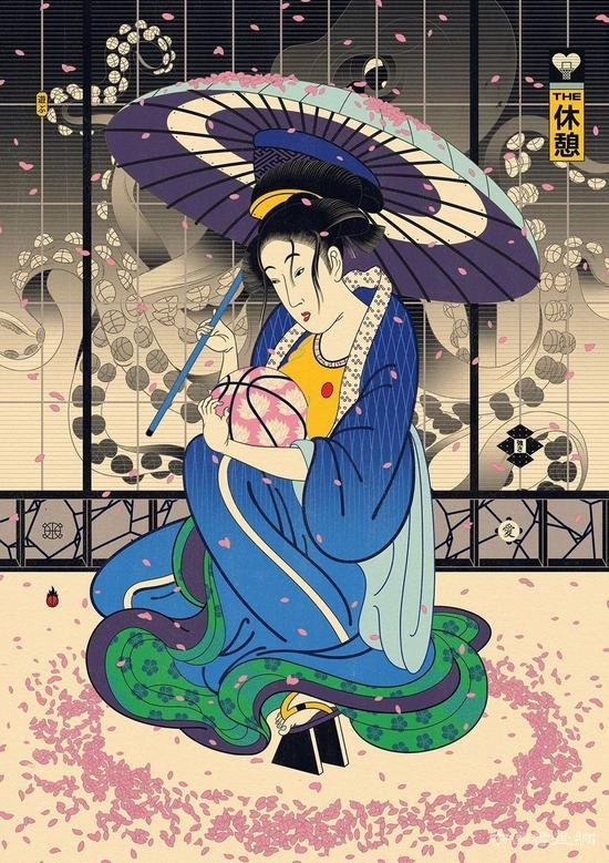 浮世绘风格与篮球融合的插画