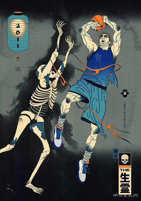 浮世绘风格与篮球融合的插画