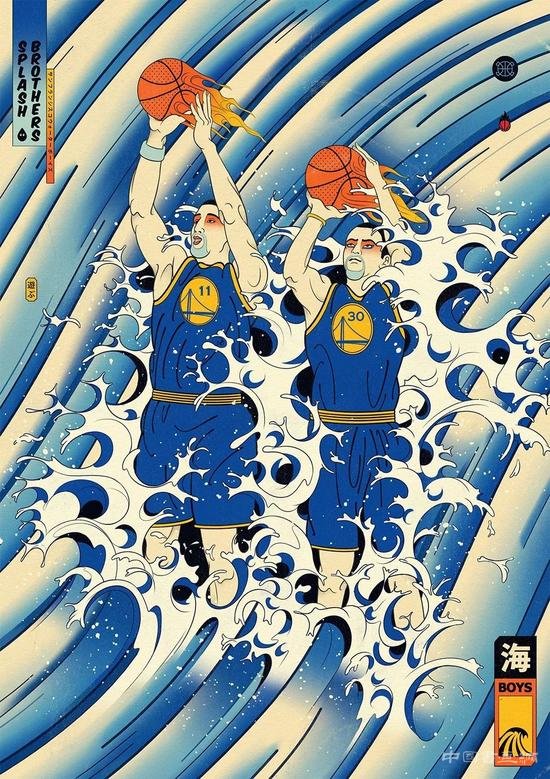 浮世绘风格与篮球融合的插画