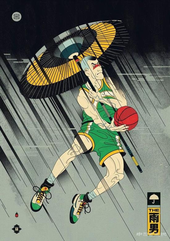 浮世绘风格与篮球融合的插画