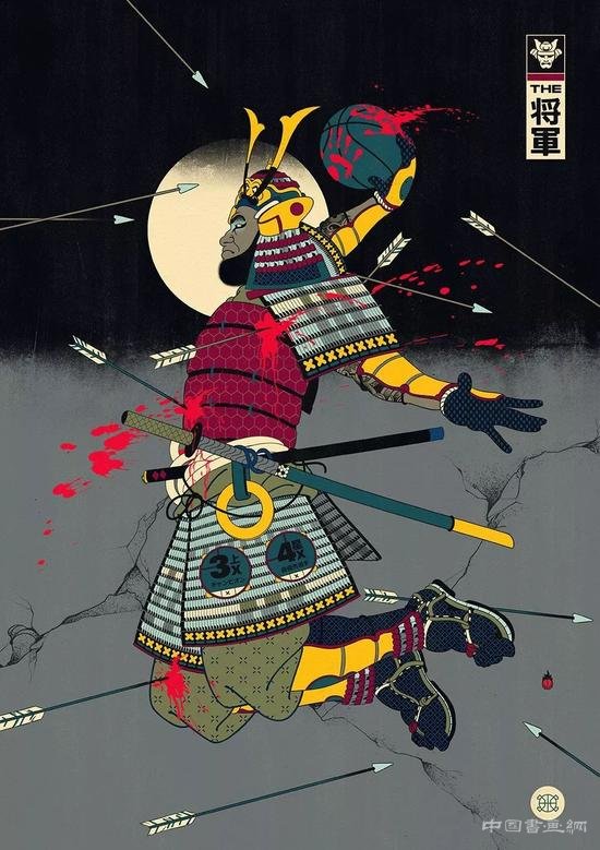 浮世绘风格与篮球融合的插画