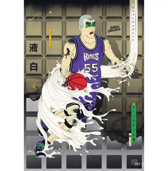 浮世绘风格与篮球融合的插画