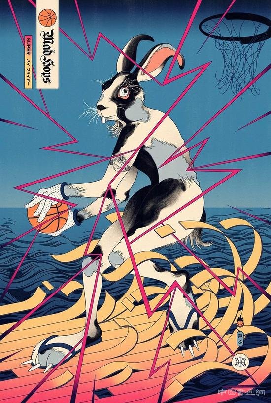 浮世绘风格与篮球融合的插画