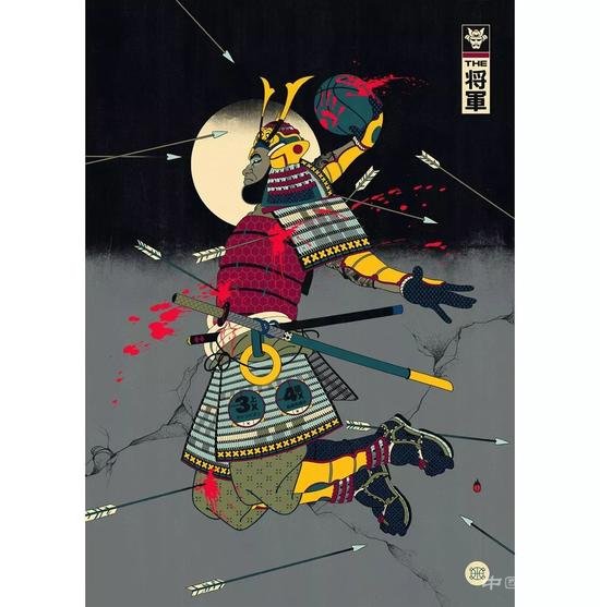 浮世绘风格与篮球融合的插画