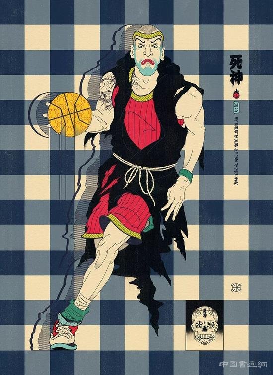 浮世绘风格与篮球融合的插画