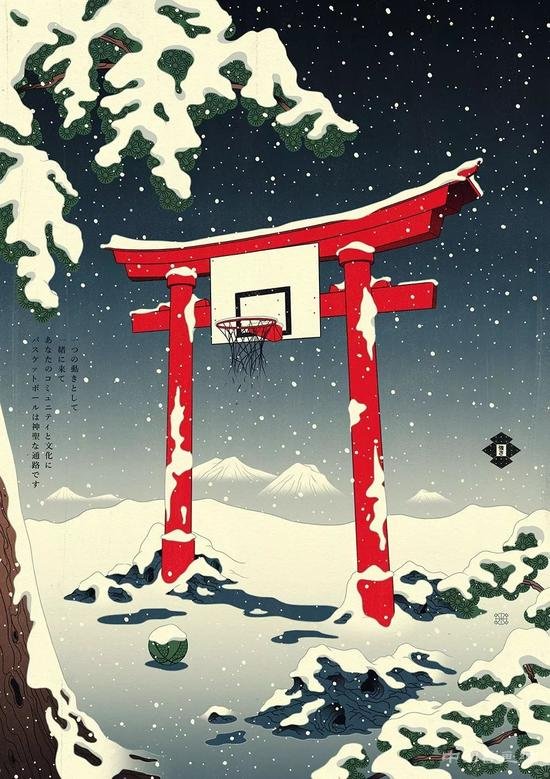浮世绘风格与篮球融合的插画
