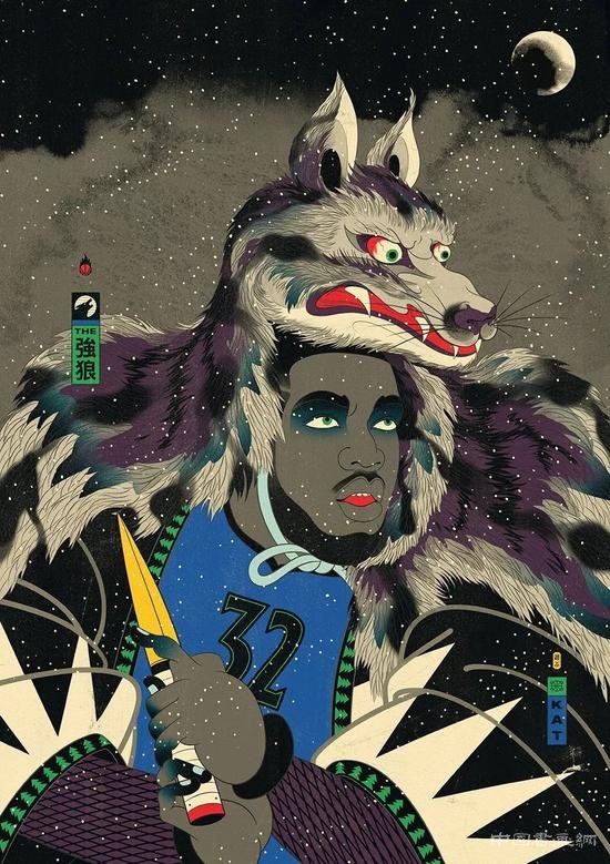浮世绘风格与篮球融合的插画
