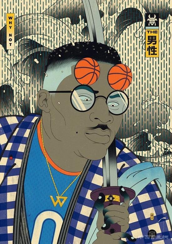 浮世绘风格与篮球融合的插画
