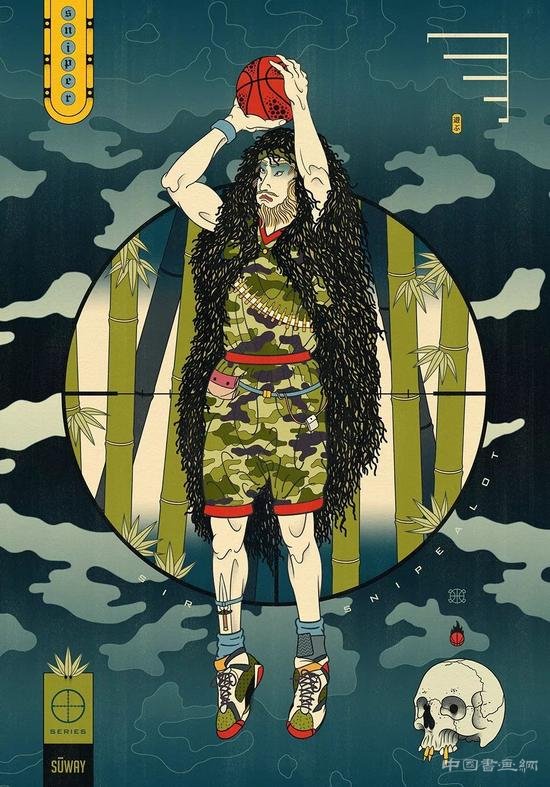 浮世绘风格与篮球融合的插画