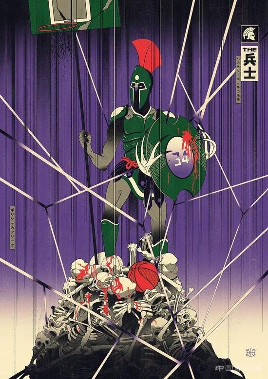 浮世绘风格与篮球融合的插画