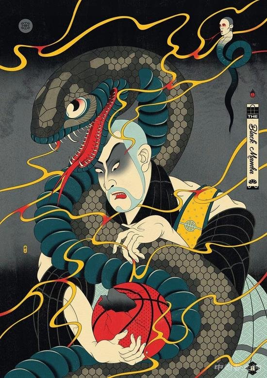 浮世绘风格与篮球融合的插画
