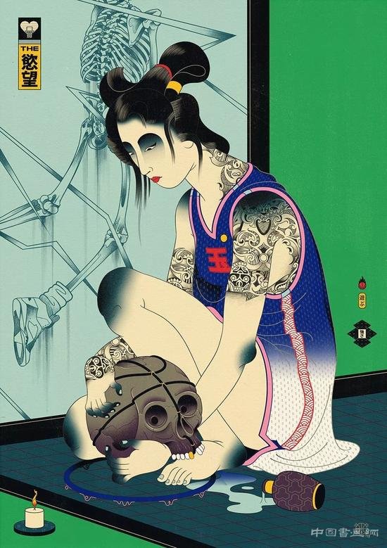 浮世绘风格与篮球融合的插画