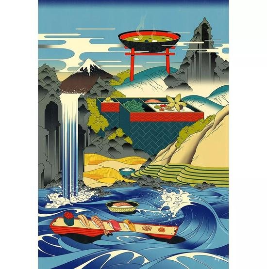 浮世绘风格与篮球融合的插画